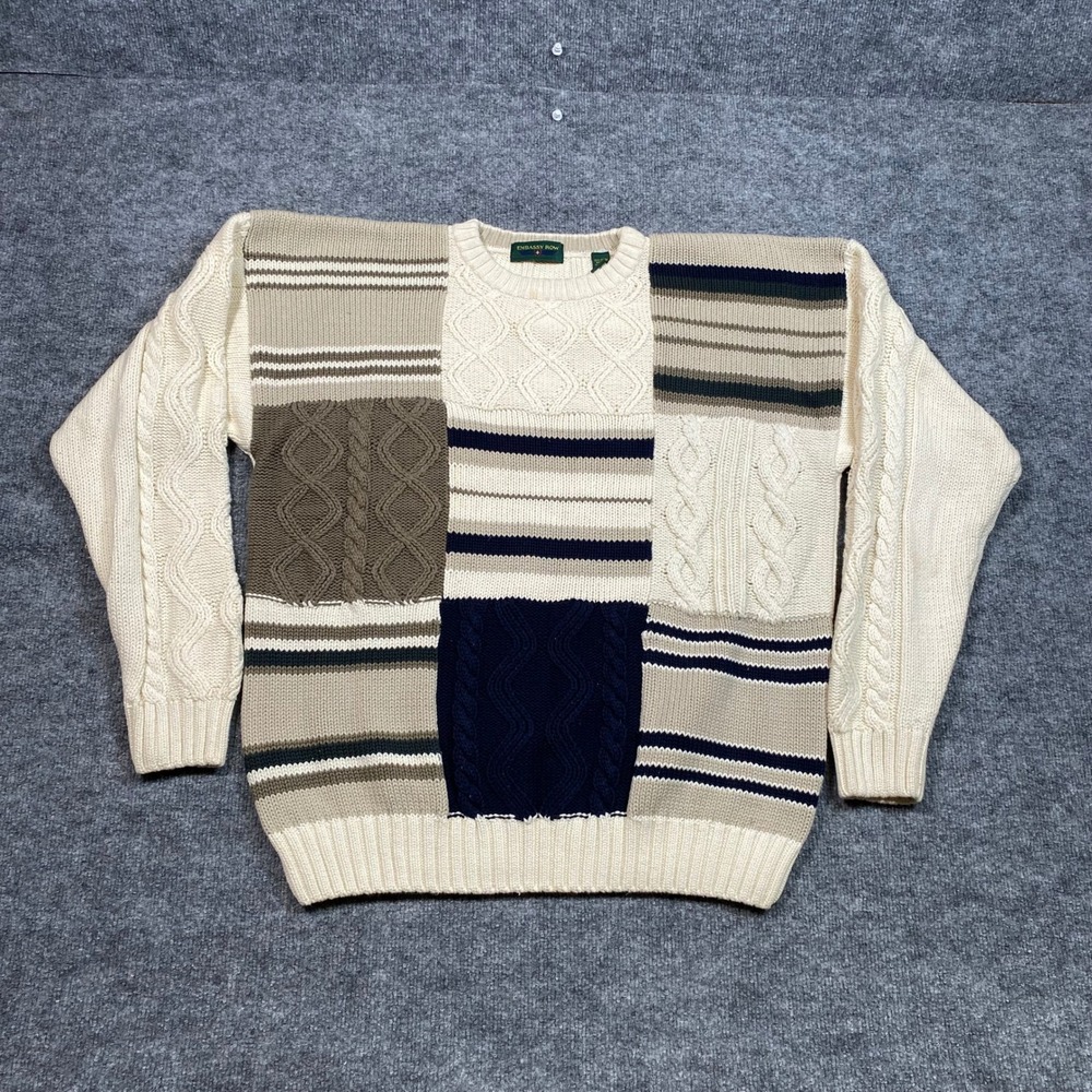 Embassy Row Mens Patchwork Cable Knit Sweater XL Cream Striped Cotton Pullover